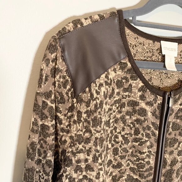 Chico's animal print zipper close long sleeve faux leather detail shirt cardigan - Picture 3 of 10